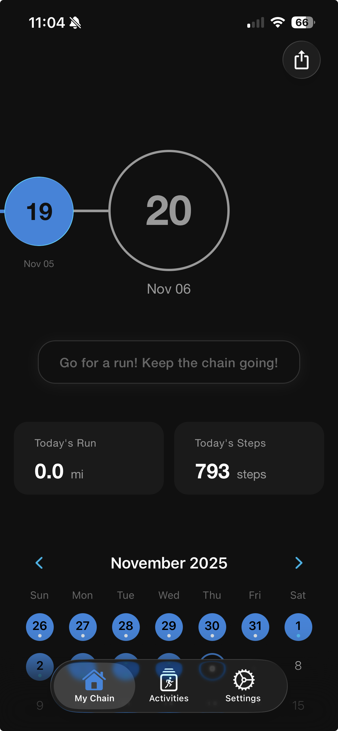RunChain home screen showing chain visualization